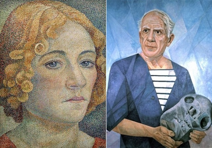 Слева – Мария Воробьёва-Стебельская (Маревна). Автопортрет, 1929 г. Справа – Маревна. Портрет Пабло Пикассо, 1956
