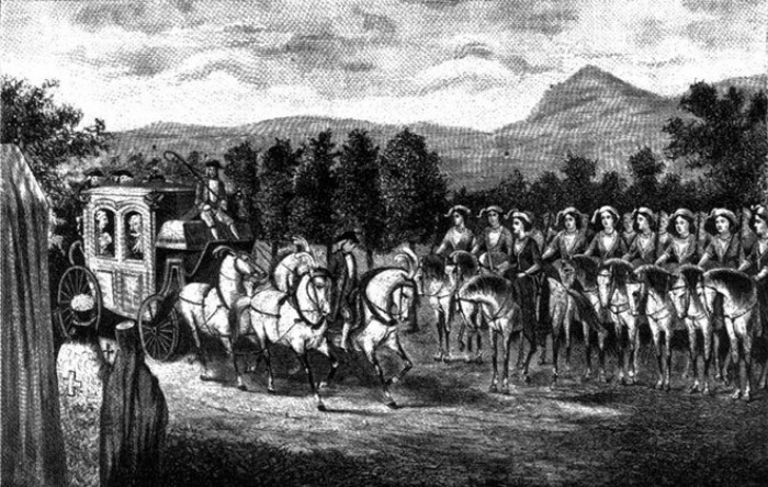 Неизвестный художник. Встреча Екатерины II с *амазонской ротой* вблизи Балаклавы в 1787 г. | Фото: arzamas.academy