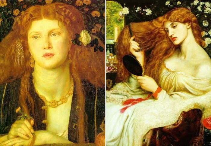 Данте Габриэль Россетти. Слева – Bocca Baciata, 1859. Справа – Леди Лилит, 1868. Натурщица – Фанни Корнфорт