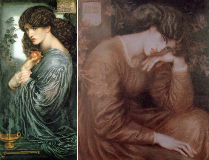 Данте Габриэль Россетти. Слева – Прозерпина, 1874. Натурщица – Джейн Берден. Справа – Портрет Джейн Берден