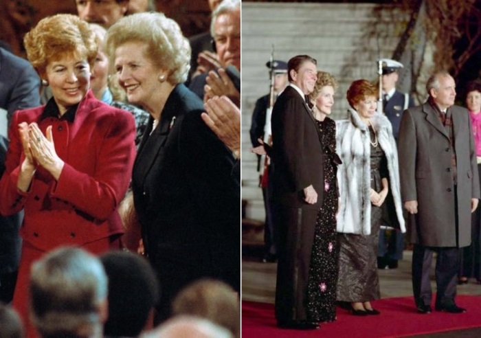 Слева – Раиса Горбачева и Маргарет Тэтчер, 1989. Справа – Чета Горбачевых во время визита в США, 1987 | Фото: materiality.info