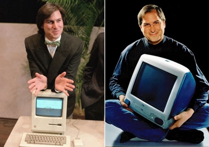Слева – Стив Джобс демонстрирует новый персональный компьютер Macintosh, 1984.  Справа – Стив Джобс и компьютер iMac, 1998 | Фото: photolium.ru