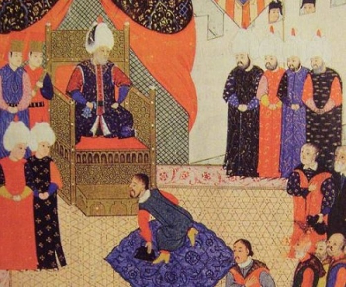 Султан Сулейман принимает правителя Трансильвании Яноша II Запольяи. Старинная миниатюра | Фото: portalostranah.ru