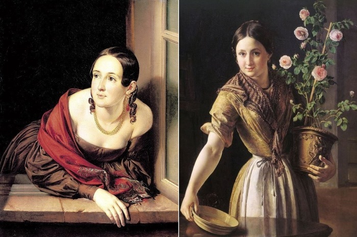 В. Тропинин. Слева – Женщина в окне (Казначейша), 1841. Справа – Девушка с горшком роз, 1850