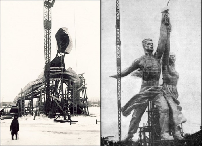 Слева – сборка статуи на опытном заводе. Справа – собранная скульптура | Фото: zamos.livejournal.com