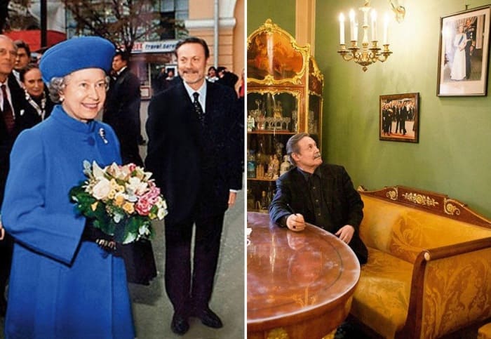 Королева Елизавета II во время визита в Малый театр и портрет с ее автографом в кабинете Юрия Соломина | Фото: 7days.ru