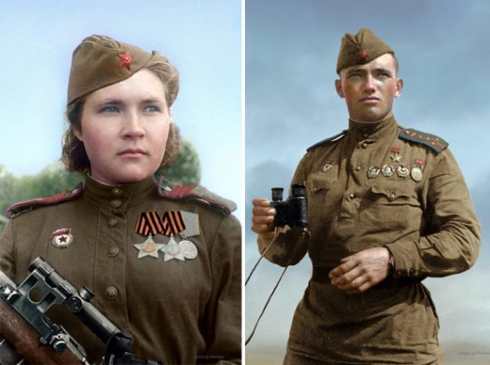 Советский снайпер Любовь Макарова и Герой Советского Союза Дмитрий Назаренко.