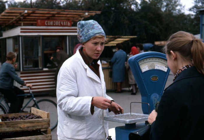 Молодая девушка, торгующая недавно собранным виноградом. СССР, Новосибирск, 1969 год.