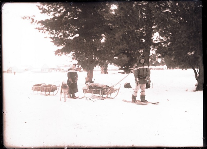 Туземка помогает собаке тащить нарту до промысловой избушки. Ханты-Мансийский автономный округ, Нижневартовский район, село Ларьяк, 1912 год. 