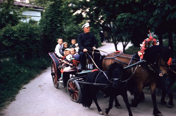 Дети, катающиеся на повозке. СССР, Харьков, 1959 год.
