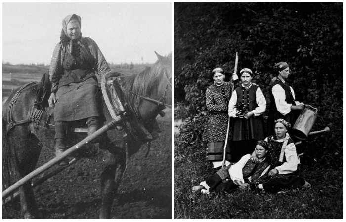 Портретные снимки русских женщин в праздничной и повседневной сельской одежде.