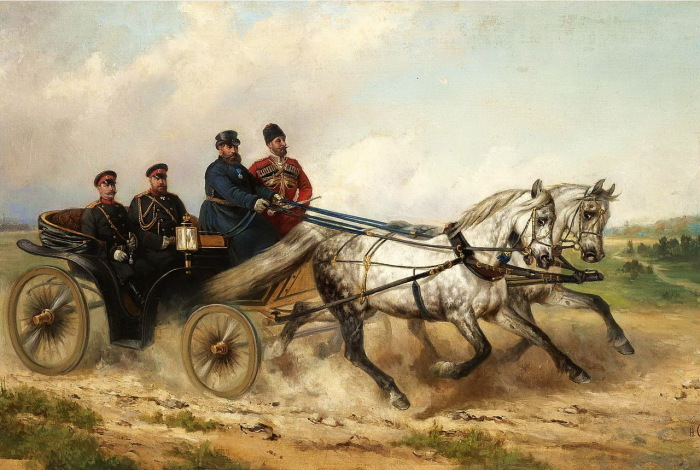 Царь Александр III и кайзер Вильгельм в открытом экипаже в 1888 году.