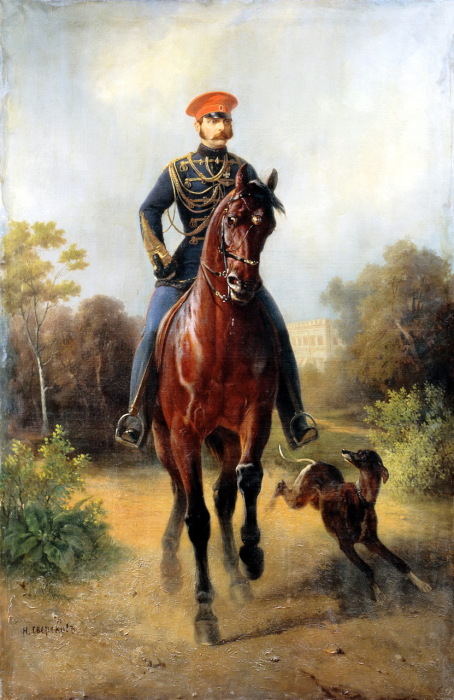 Император Всероссийский Александр II верхом на лошади.