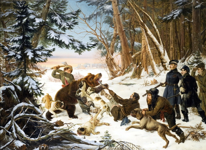 Царевич Александр Николаевич охотится на медведя на окраине Москвы.