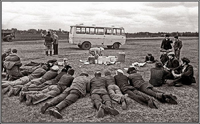 Трактористы лежат в ожидании обеда. СССР, 1970-е годы.
