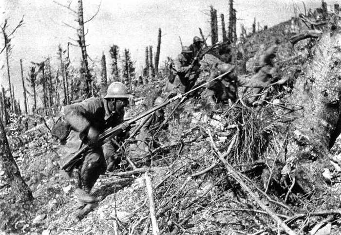 Французские солдаты идут в штыковую атаку вверх по крутому склону.