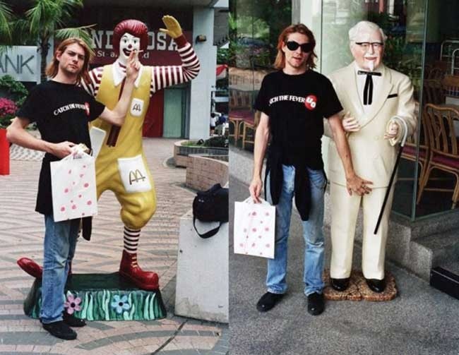 Памятные фотографии Курта Кобейна рядом со статуями Рональда Макдональда и полковника Сандерса.