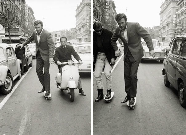 Клинт Иствуд катается на скейте по Риму.