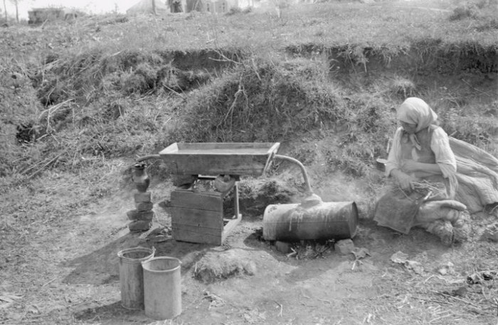 Женщина возле самогонного аппарата. СССР, Белгородская область, 1943 год. 