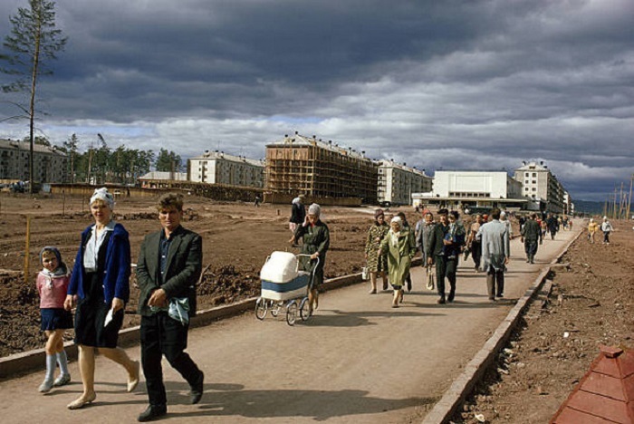 Новые жилые дома вытесняют таежные леса. СССР, Иркутская область, Братск.