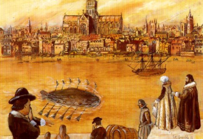 Первая в мире подводная лодка в Лондоне, 1620 год. | Фото: ru.wikipedia.org.