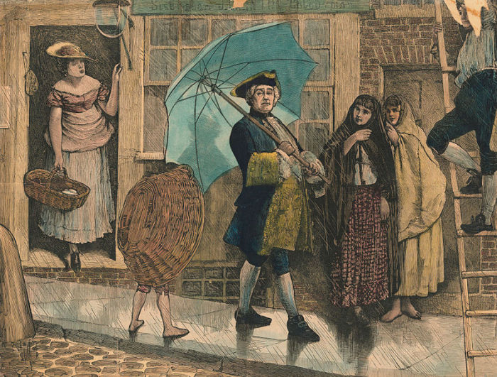 Джонас Хенвей гуляет под дождем с необычным предметом - зонтиком. | Фото: atlasobscura.com.