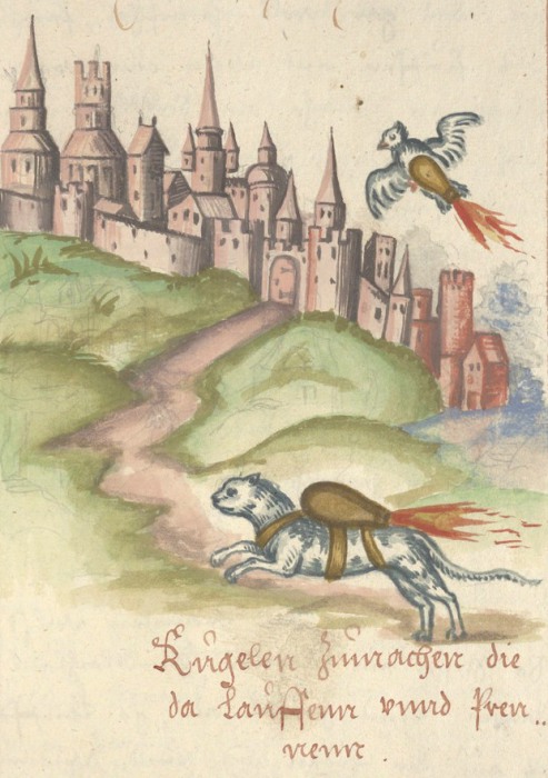 Как поджечь вражеский замок с помощью птицы и кота. Иллюстрация из манускрипта Feuer Buech, 1584 год. | Фото: dla.library.upenn.edu.