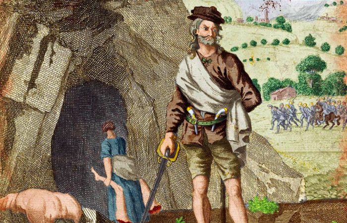 Александр «Соуни» Бин возле своей пещеры. Рисунок XVIII века. | Фото: clan.com.