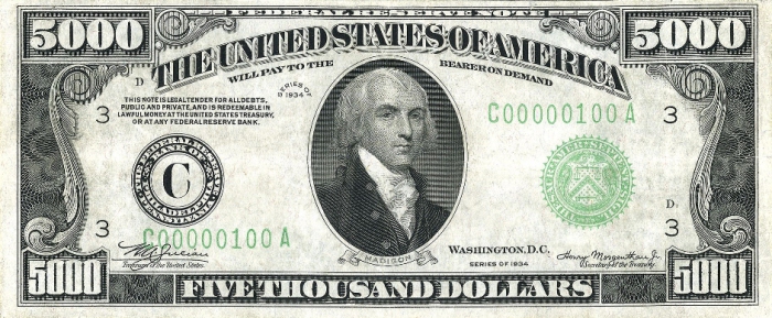 Президент США рабовладелец-плантатор Джеймс Мэдисон на купюре 5000$. | Фото: ru.wikipedia.org.