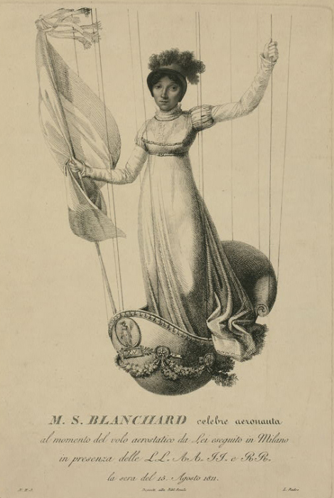 Софи Бланшар стоит в корзине ее украшенного воздушного шара во время полета в Милане, Италия, в 1811 году. | Фото: loc.gov.