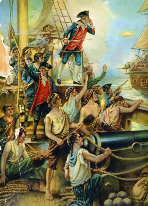 Капитан Джон Пол Джонс окликает британский линейный корабль «Серапис» 23 сентября 1779 года. Художник Paul Moran. | Фото: crashmacduff.wordpress.com.