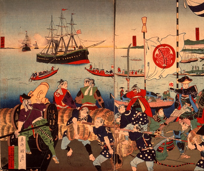 Флот Мэтью Пэрри (США) прибыл к берегам Японии. Фрагмент картины. | Фото: ru.wikipedia.org.