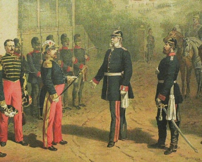 Французский император Наполеон III сдаётся в плен Бисмарку после битвы при Седане, 1870 год. | Фото: ru.wikipedia.org.