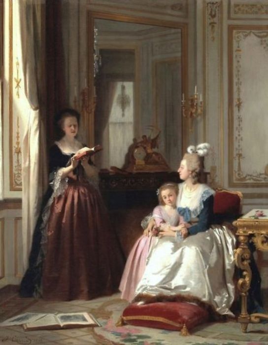 Принцесса де Ламбаль читает Марии-Антуанетте и ее дочери. | Фото: pinterest.com.