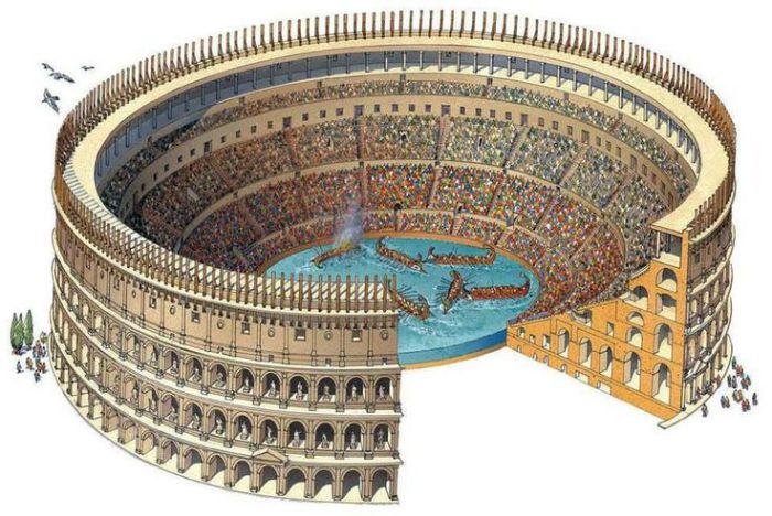 Римский Колизей во время проведения навмахии. | Фото: weaponsandwarfare.com.