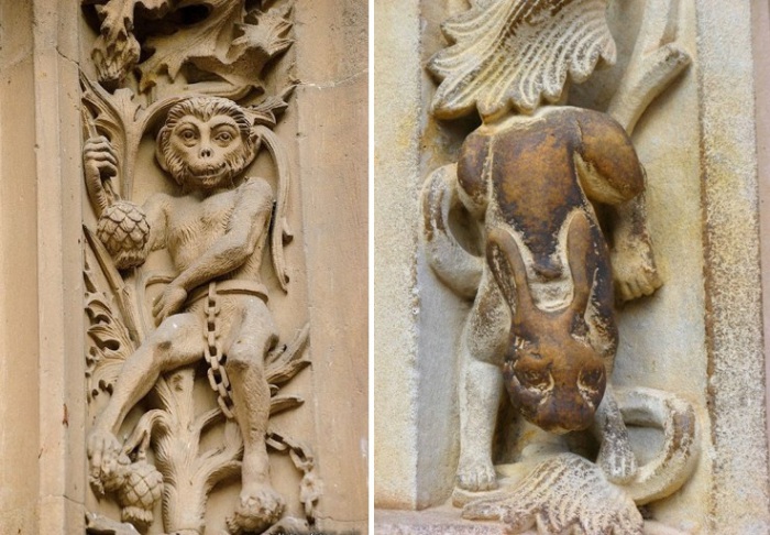 Фигурки обезьяны и кролика на стенах собора Саламанки. | Фото: rinconesibericos.blogspot.com и galiciaenfotos.com.