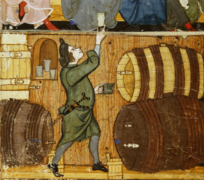 Виночерпий из подвала подает стакан пьющим в комнате наверху. Конец XIV века. | Фото: commons.wikimedia.org.