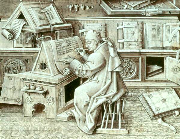 Монах в мастерской по переписыванию рукописей, XV век. | Фото: en.wikipedia.org.
