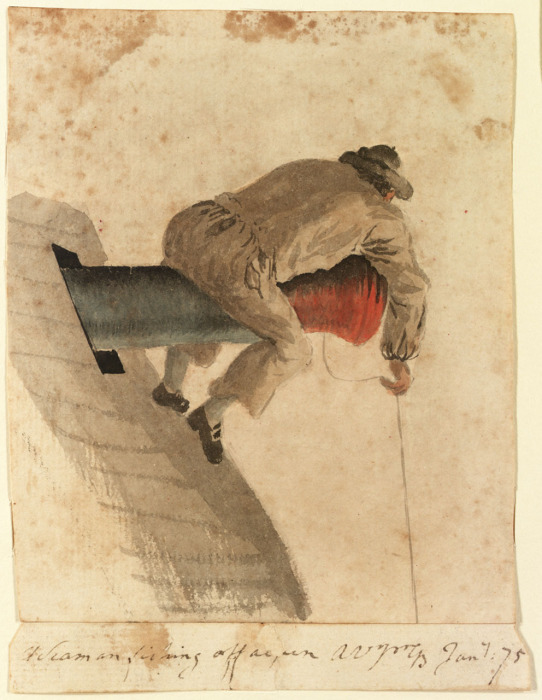 Матрос с британского фрегата Pallas рыбачит, лежа на пушке. Gabriel Bray, 1775 год. | Фото: collections.rmg.co.uk.