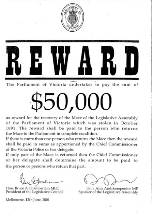 Объявление о поиске парламентского жезла Виктории. | Фото: parliamentofvictorianews.com.