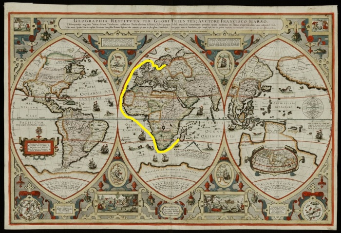 Карта мира XVII века с предполагаемым маршрутом экспедиции к Мадагаскару. | Фото: philologist.livejournal.com.