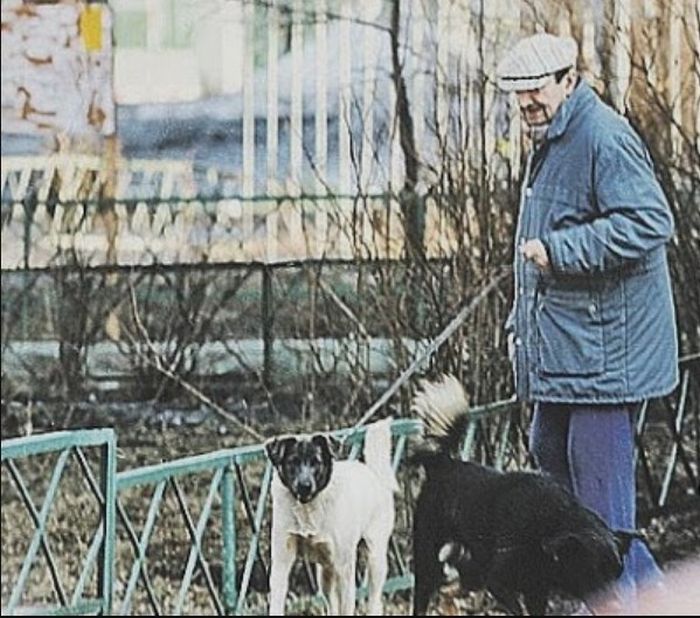 Георгий Вицин на прогулке с собакой. / Фото: www.blogspot.com