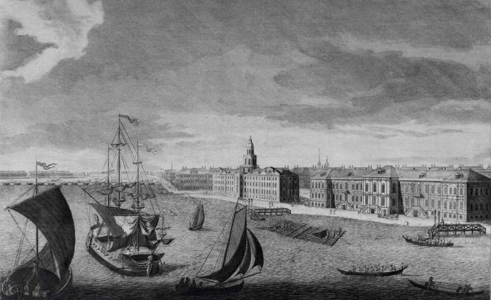 Все эти здания принадлежали Академии наук в начале 18-го века. Слева – Кунсткамера.  / Фото: www.zin.ru