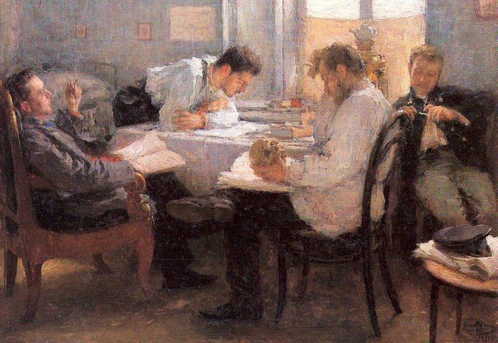 «Студенты. Ночь перед экзаменом». (1895). Автор: Л.О.Пастернак.