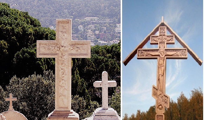 Христианские надгробные кресты католического и православного вероисповедания.