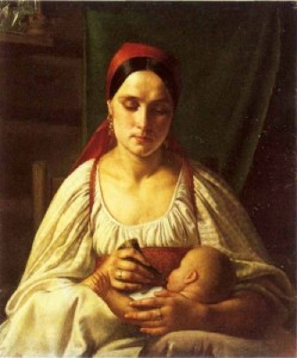 Крестьянка кормит младенца из рожка. (1830). 