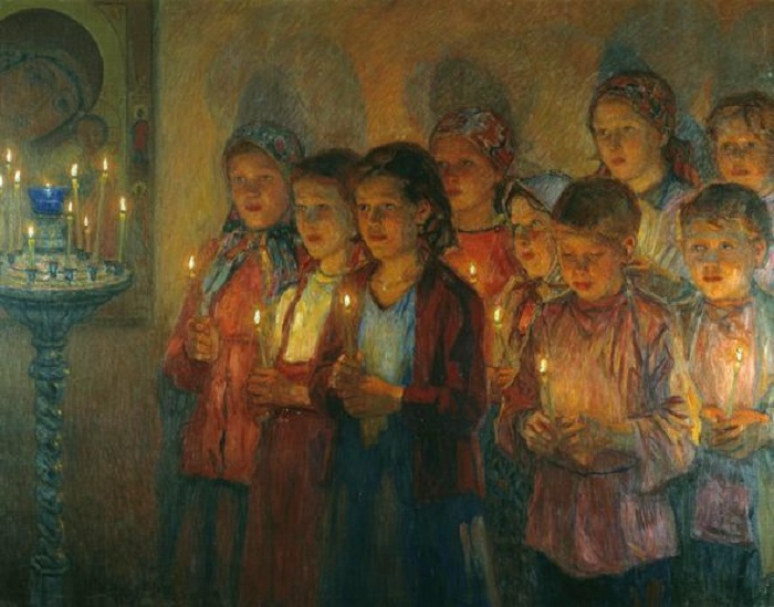  «В церкви». Автор: Николай Богданов-Бельский.