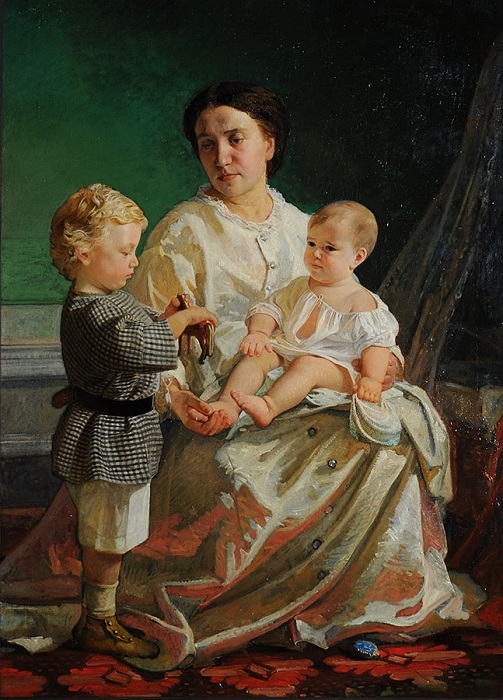 Портрет жены художника Анны Петровны с сыновьями Николаем и Петром. (1861). Автор: Николай Ге.
