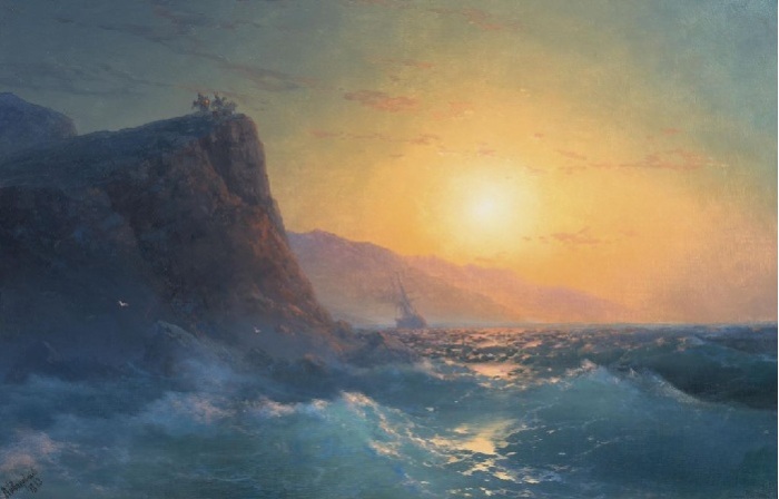 «Вид на крутой скалистый берег и бурное море на закате». Автор. И.К.Айвазовский.