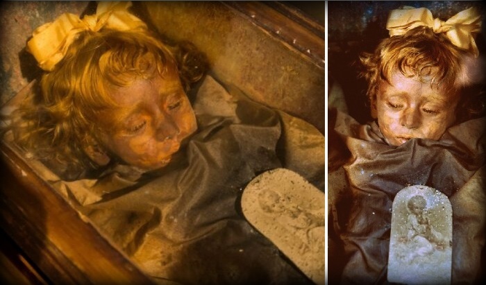 Мумия двухлетней Розалии Ломбардо 100 лет хранится под стеклом в катакомбах капуцинов, в Палермо.